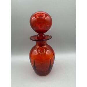 Rainbow Glass Decanter Vase Ruby Red Round Bulb Stopper Vintage 1970s Hand Blown